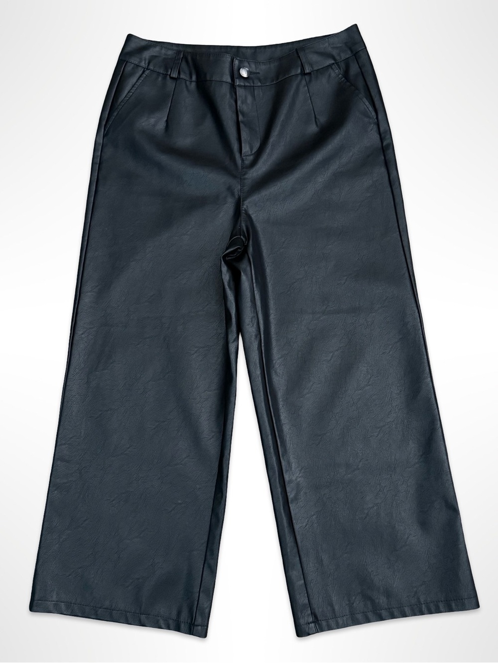 Black Vegan Faux Leather Wide Leg Cropped High Rise Pants Culottes Edgy Chic